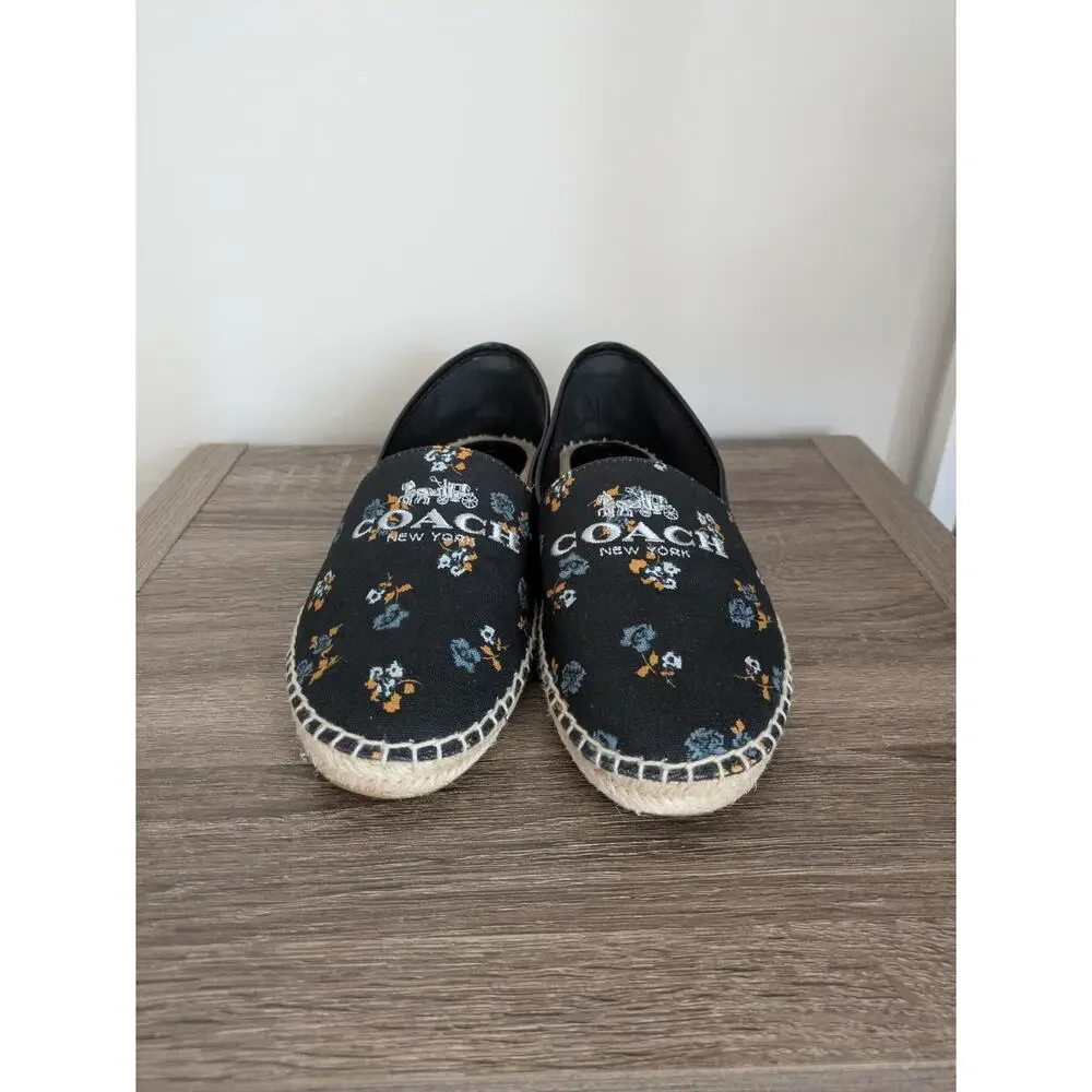 Coach Mila Coh Canvas Espadrille Womens 7.5B Black Floral Beachy Coastal Grandma